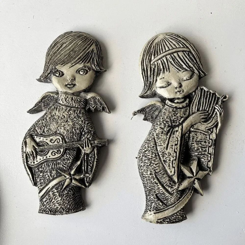 VTG Mid Century Angel Wall Plaques Set of 2 | Chalkware Lute Harp Retro Atomic E